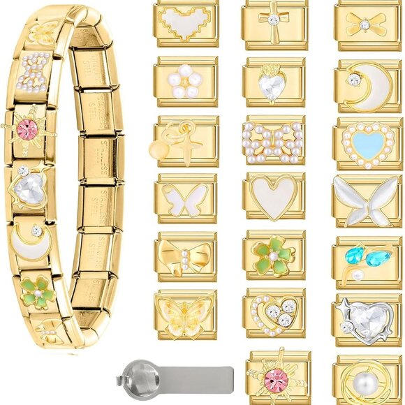 Customizable Italian Charm Bracelet with 20 Stainless Steel Charms & Starter Set - Picture 1 of 7